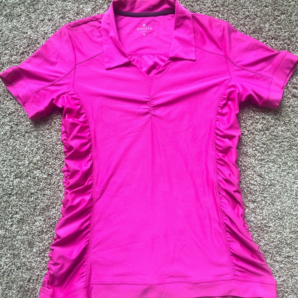 Athleta Size Medium Birdie Polo Ruched Collared pink Sleeve Top Shirt
